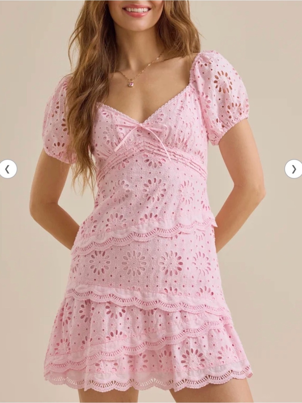 Pink Eyelet Puff-Sleeve Mini Dress
